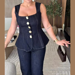 Sleeveless Slim Denim Pant Suit