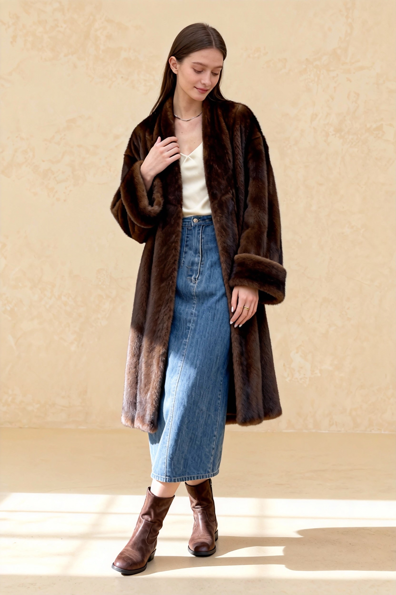 Imitation Mink Lapel Full Sleeve Overcoat Secondary image