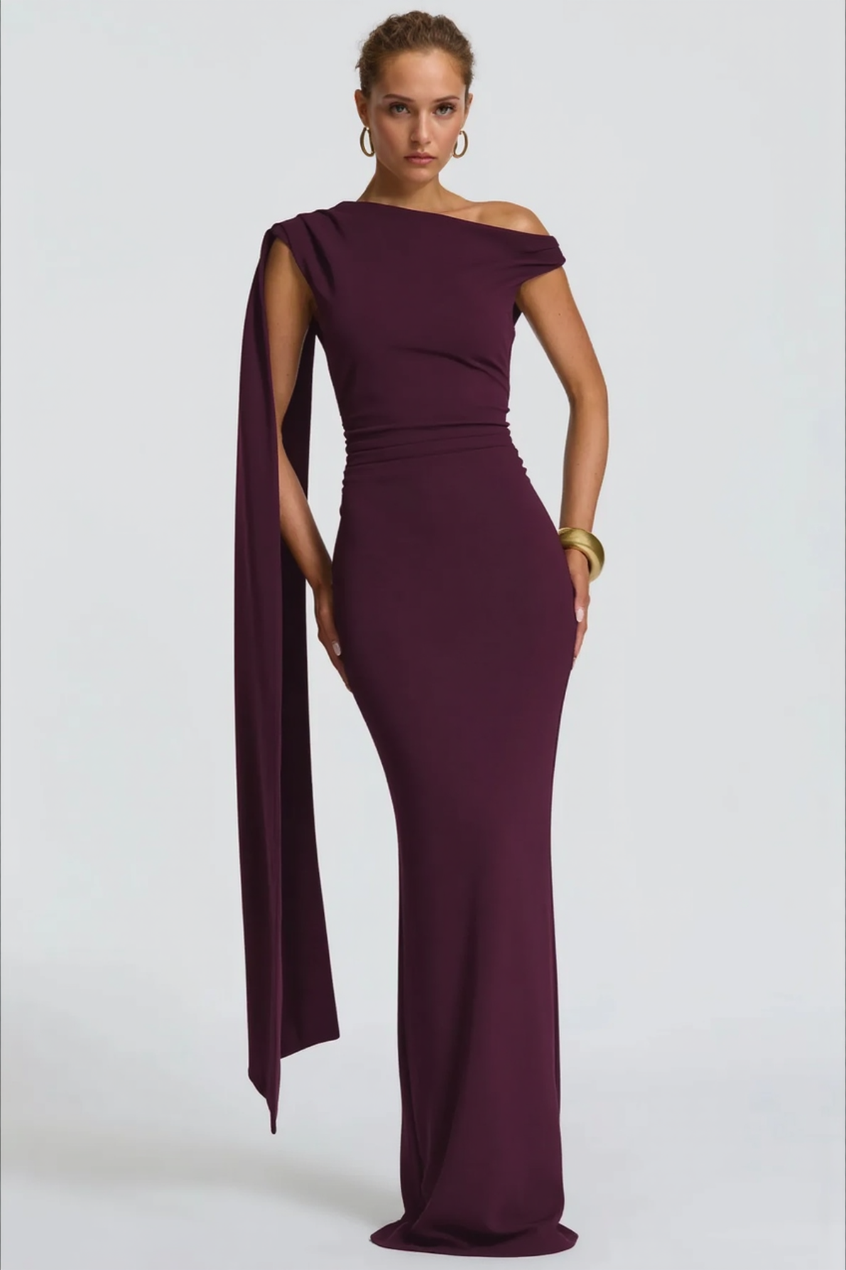 Sexy Asymmetrical Neck Long Sleeve Fitted Ruched High Waist Party Dress Main image