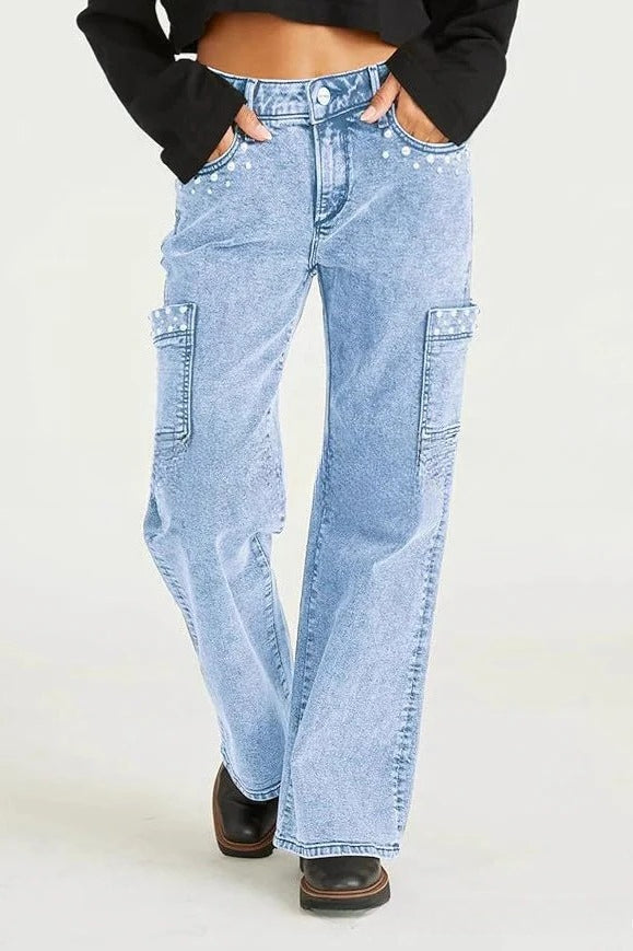 Y2K Pearl Embellished High Waist Boyfriend Straight Jeans Main image