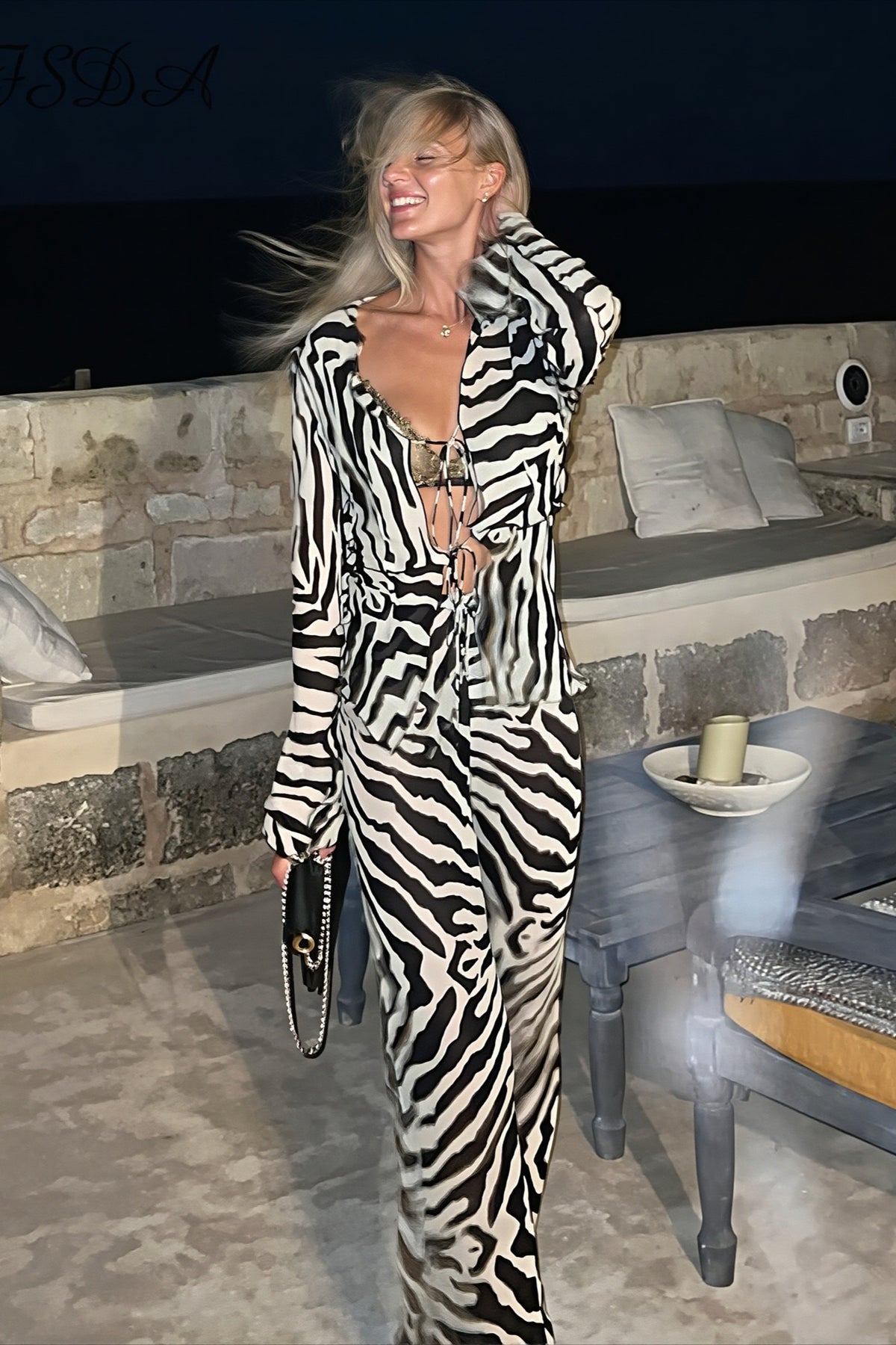 Zebra Print Mesh Tie Long Sleeve Two-Piece Set