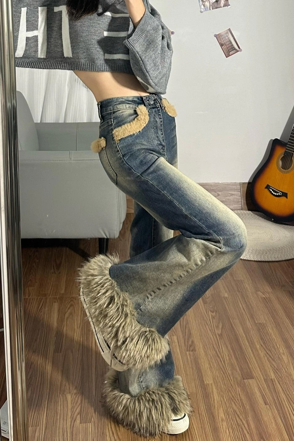 Faux Fur Trim Washed Flare Jeans Secondary image