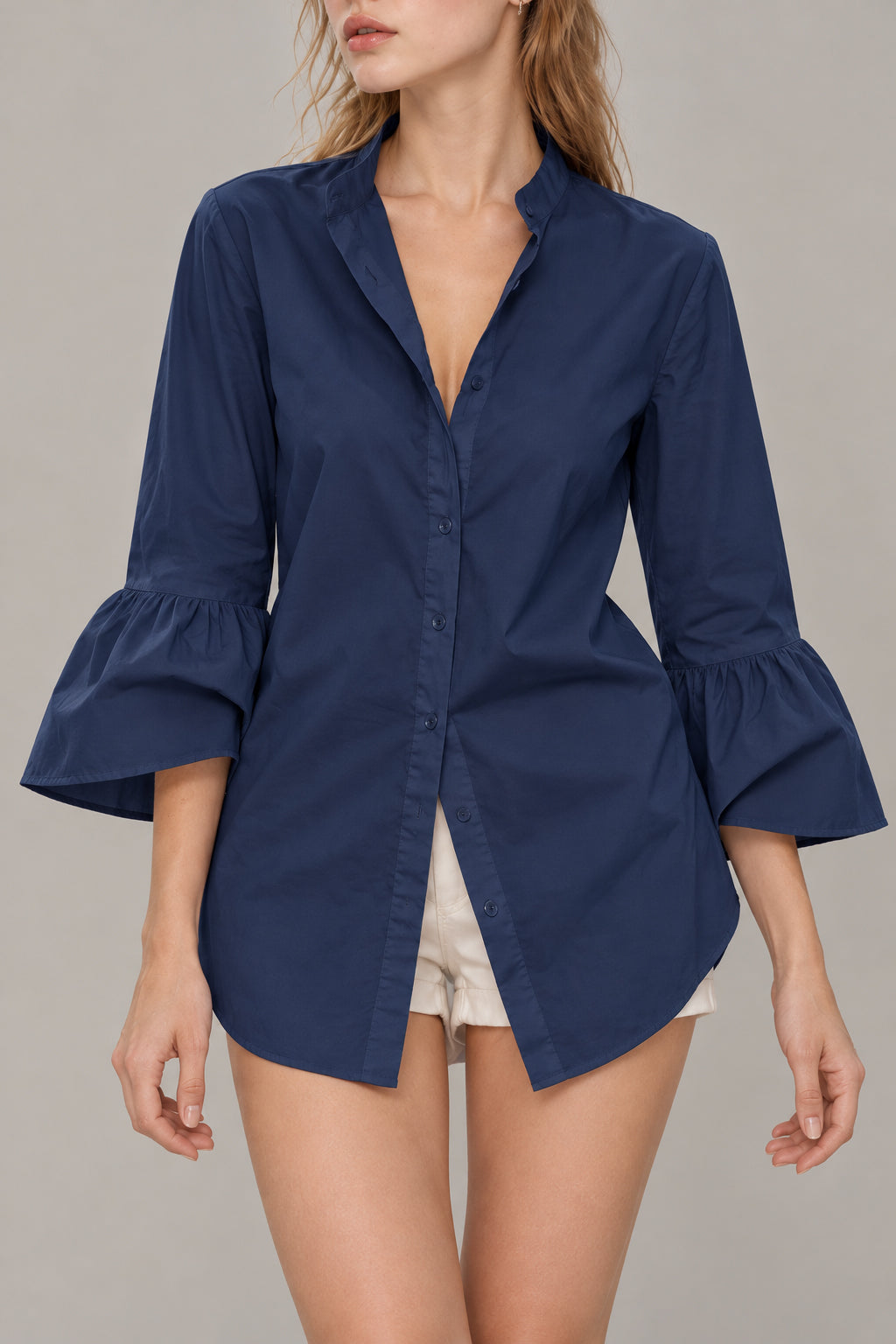 Flare Sleeve Solid Color V Neck Blouse