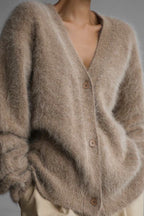 Faux Fur Blend V-Neck Cardigan S / Khaki