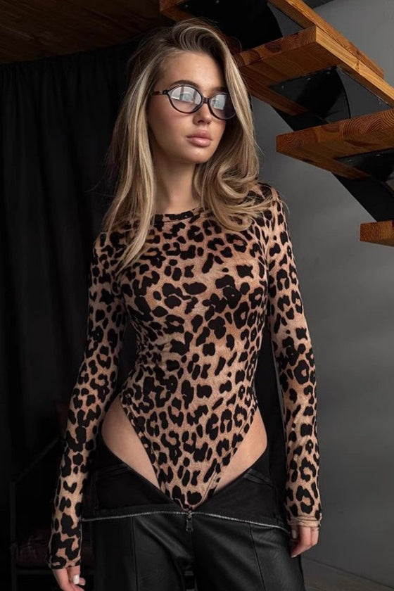 Knit Leopard Print Crew Neck Slim Long Sleeve Bodysuit Main image