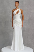 One Shoulder Cutout Ruched Satin Maxi Dress