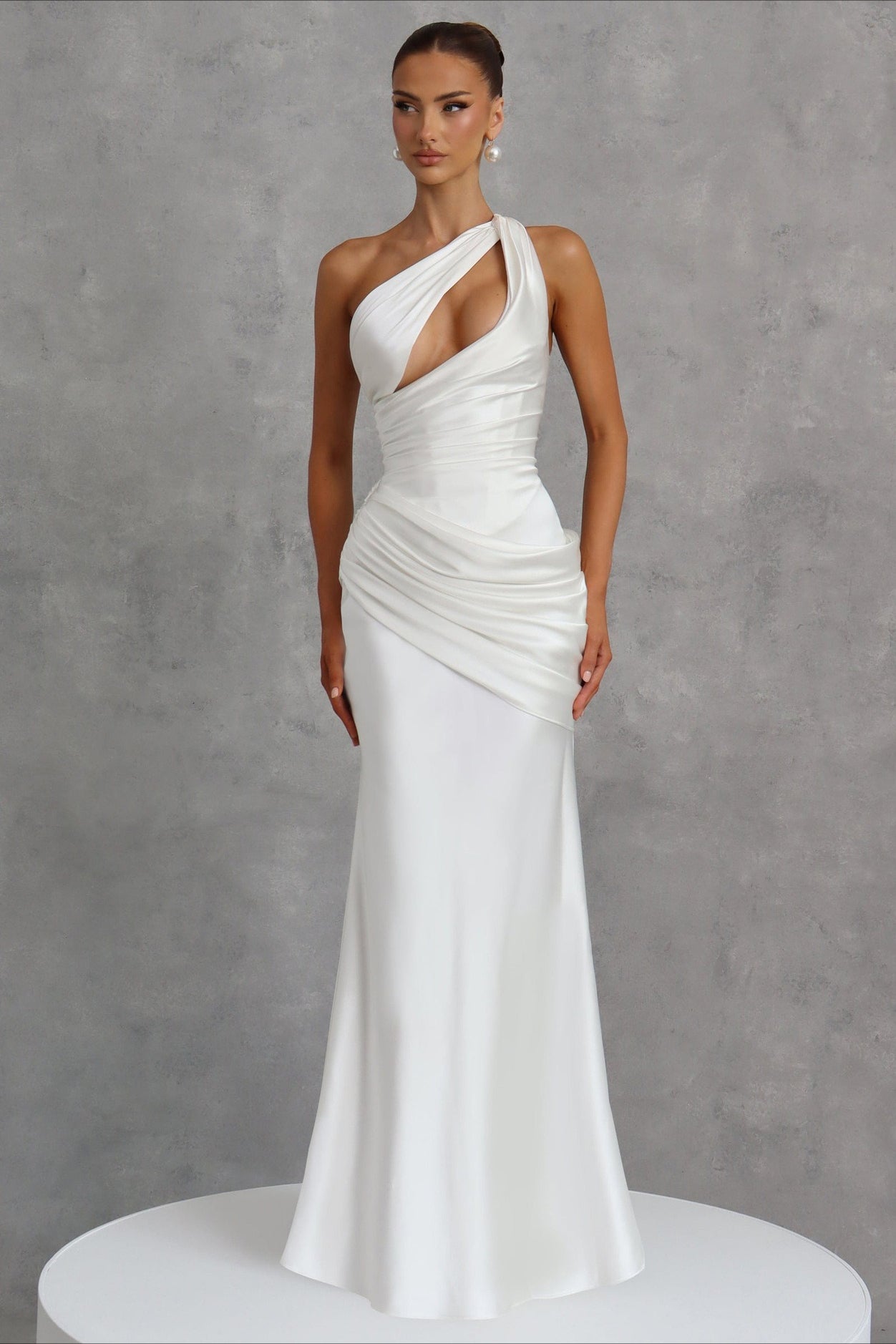 One Shoulder Cutout Ruched Satin Maxi Dress