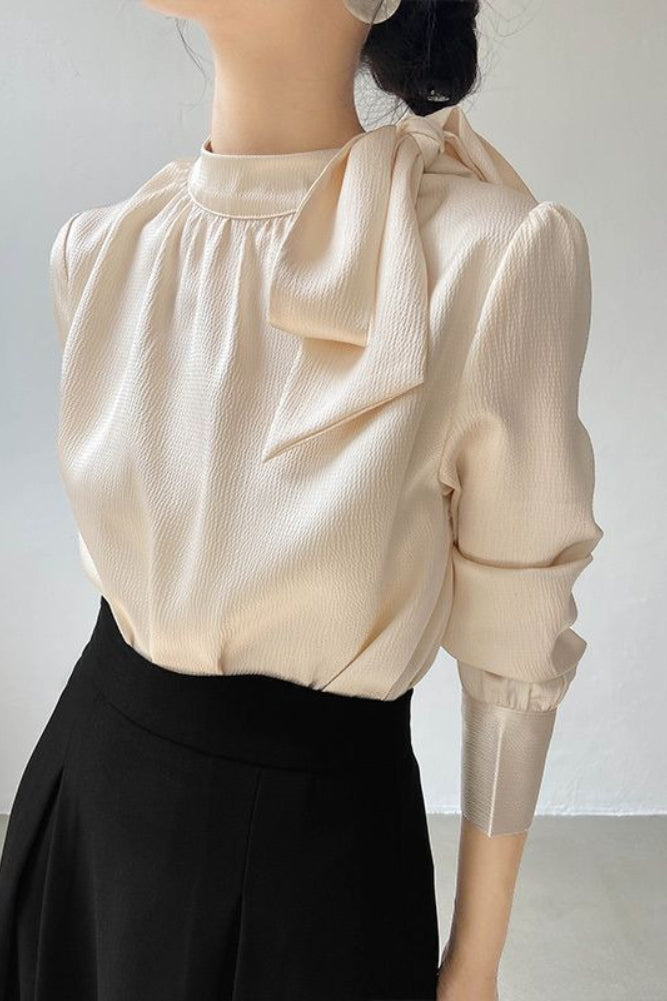 Bow Tie Front Soft Workwear Slim Long Sleeve Blouse Main image