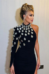 Rhinestone One Shoulder Long Sleeve Slit Bandage Cocktail Dress