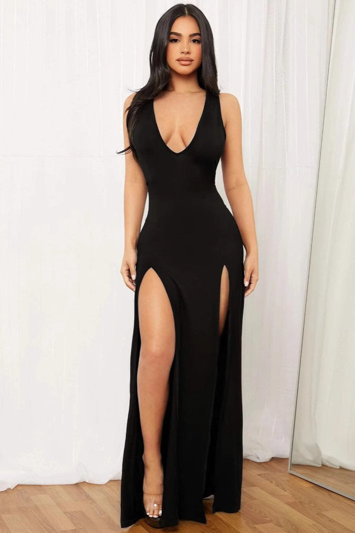 Deep V Slit Solid Bodycon Dress Secondary image