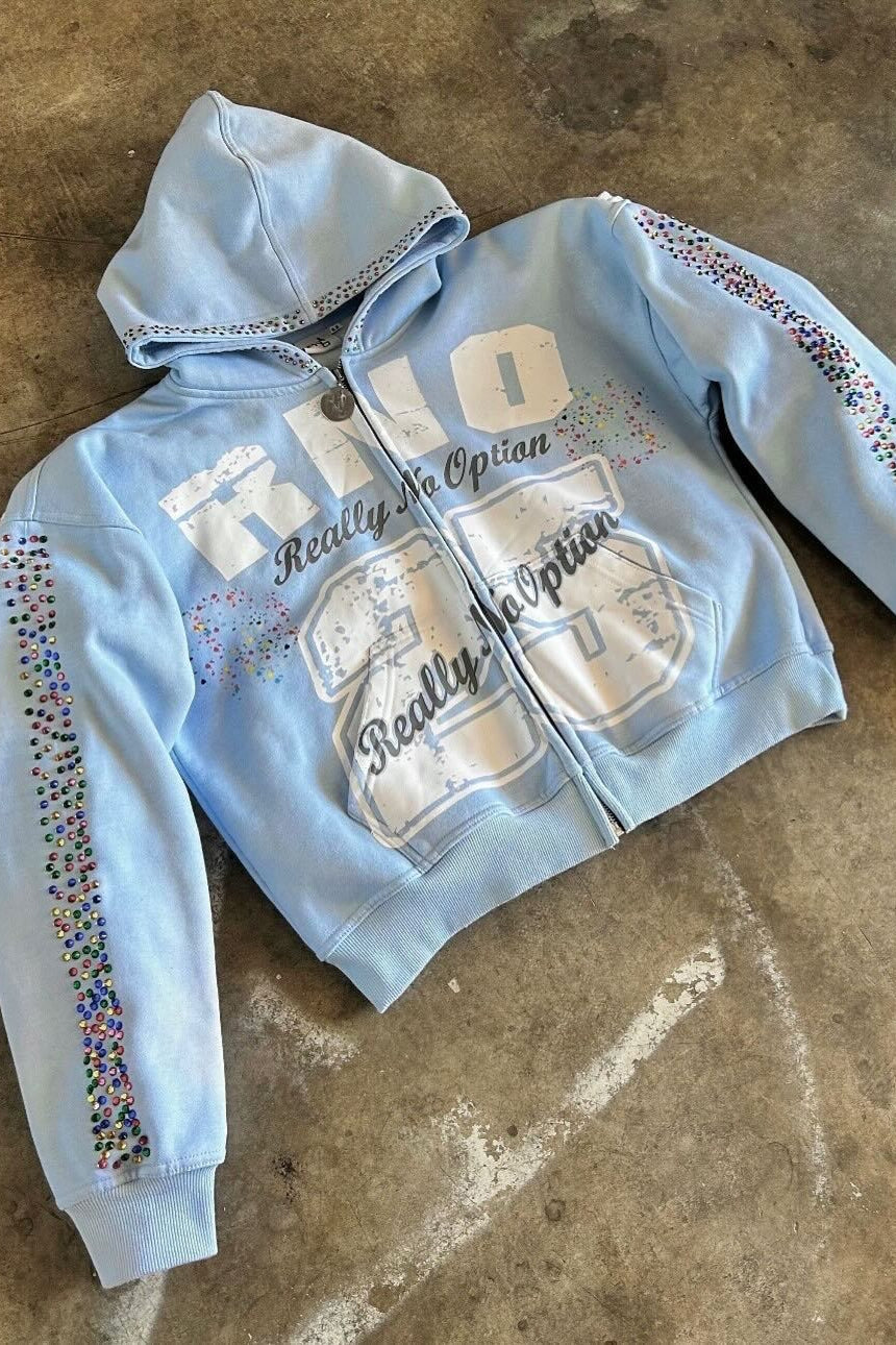 Rhinestone Varsity Number Graphic Zip Hoodie
