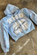 Rhinestone Varsity Number Graphic Zip Hoodie
