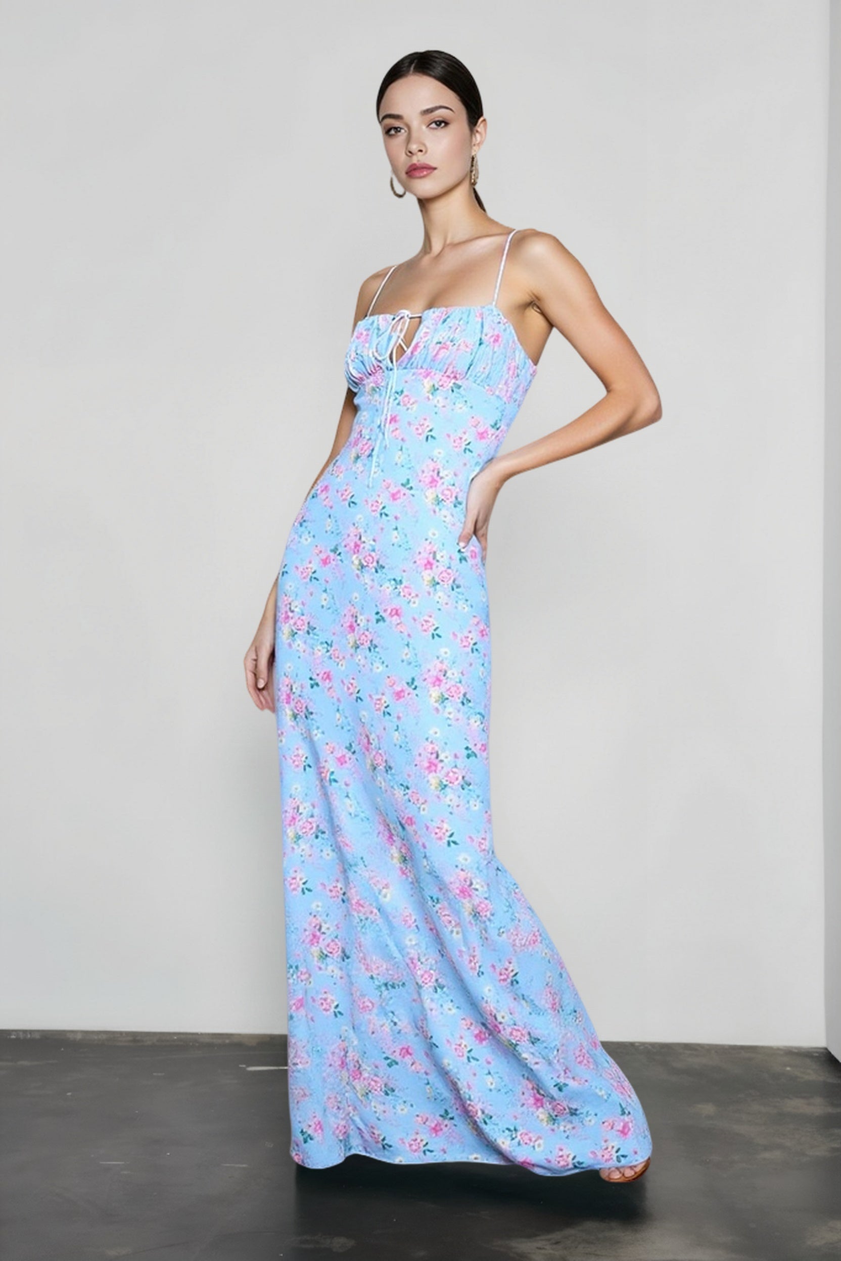Floral Ruched Backless Tie Cami Mermaid Maxi Bodycon Dress Main image