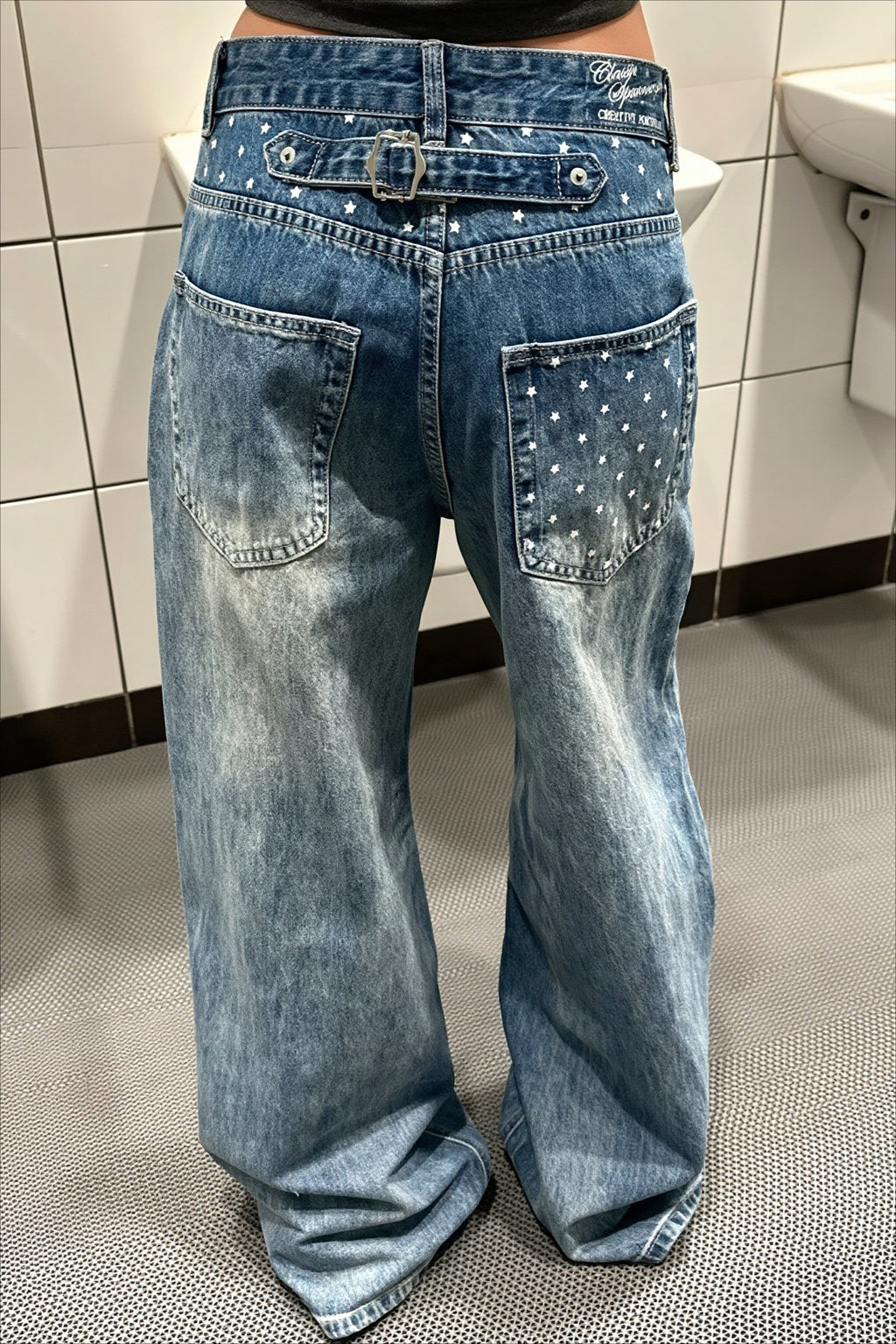 Star Print Asymmetric Button Wide Leg Jeans