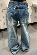 Star Print Asymmetric Button Wide Leg Jeans