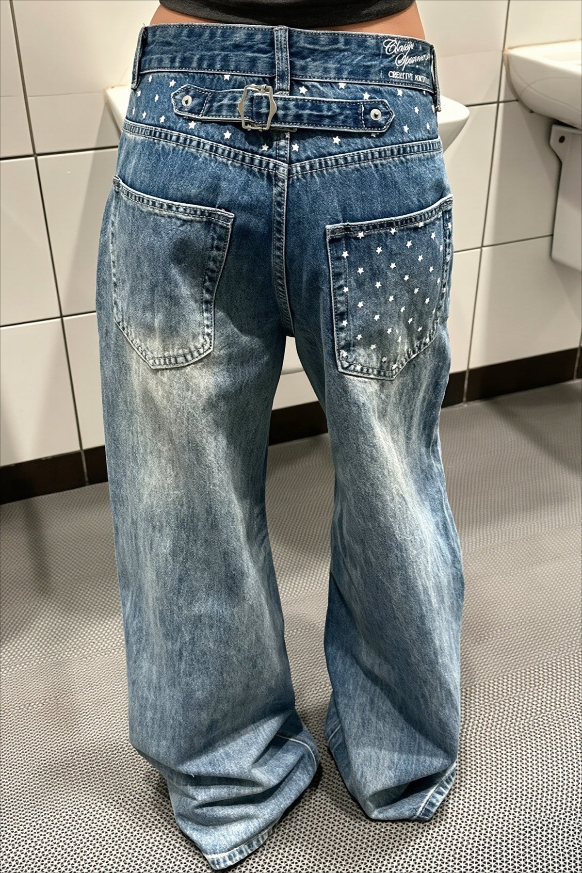 Star Print Asymmetric Button Wide Leg Jeans