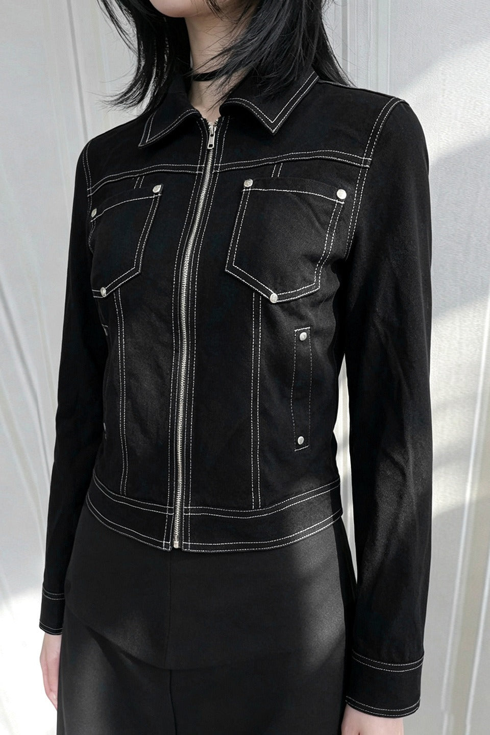 Contrast Stitch Pocket Fitted Zip Jacket