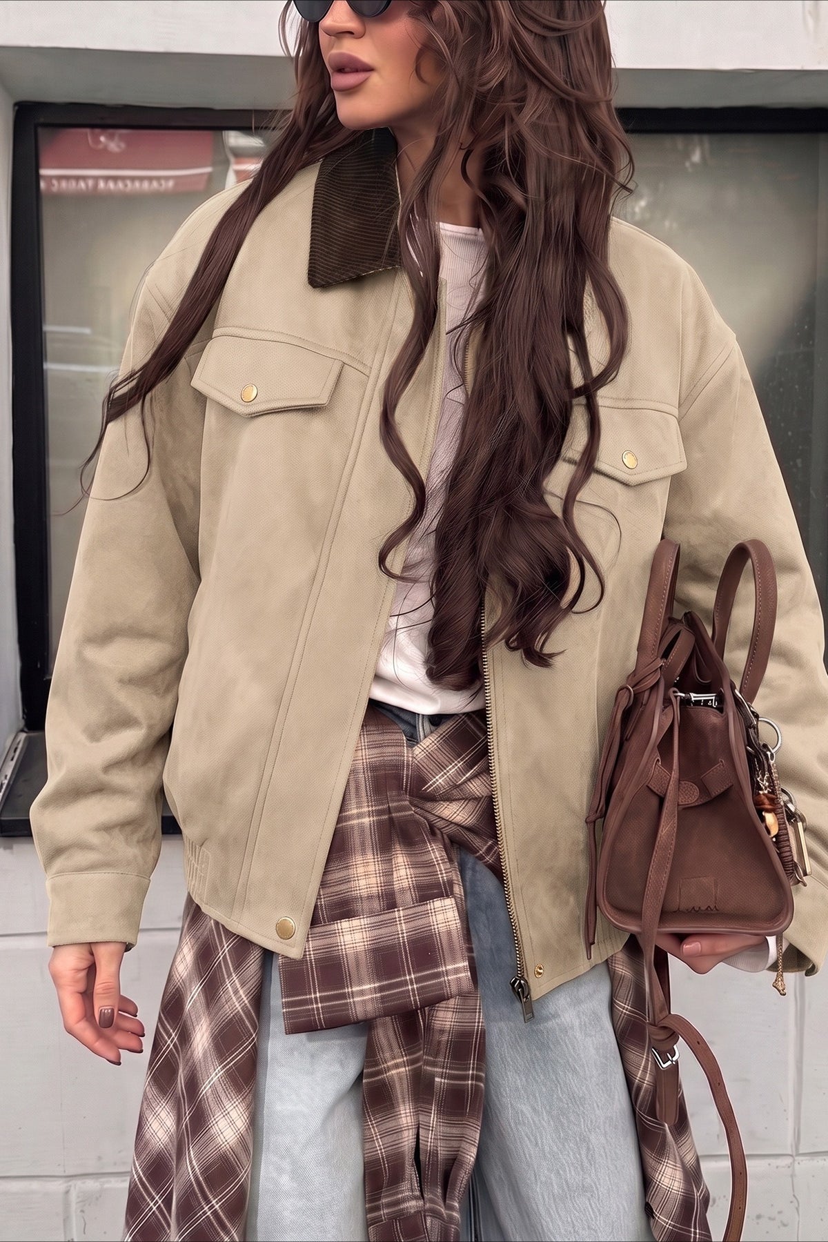 Contrast Collar Chest Pocket Zip Front Coat