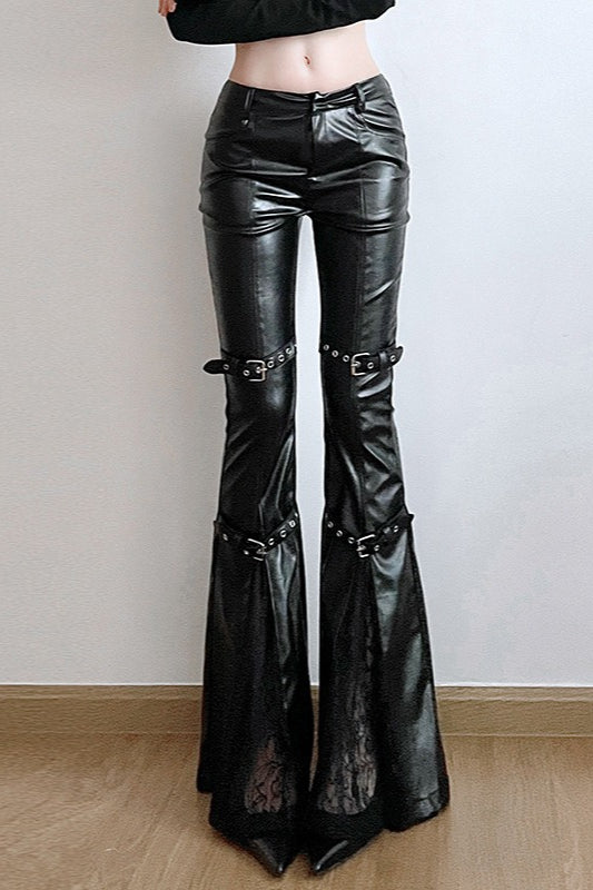 Gothic Eyelet Buckle Lace Panel Leather Flared Low Waist Pants Main image