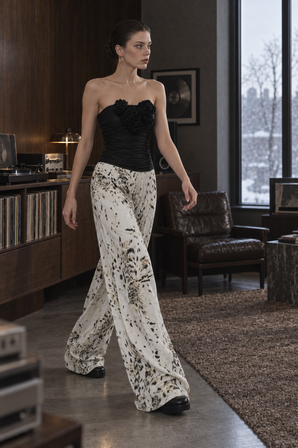 Retro Washed Leopard Wide Leg Jeans