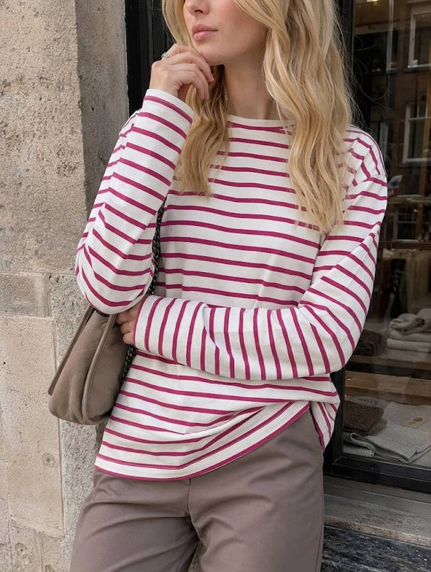 Cotton Striped Crew Neck Long Sleeve Tee