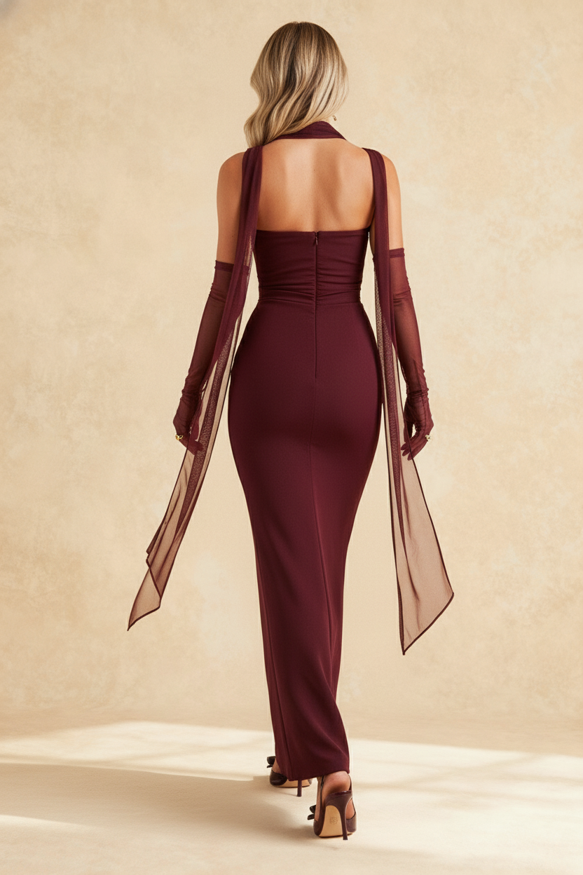 Hudson Maxi Dress With Stole And Gloves - Maroon Secondary image
