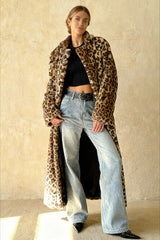 Leopard Print Notched Collar Longline Faux Fur Overcoat