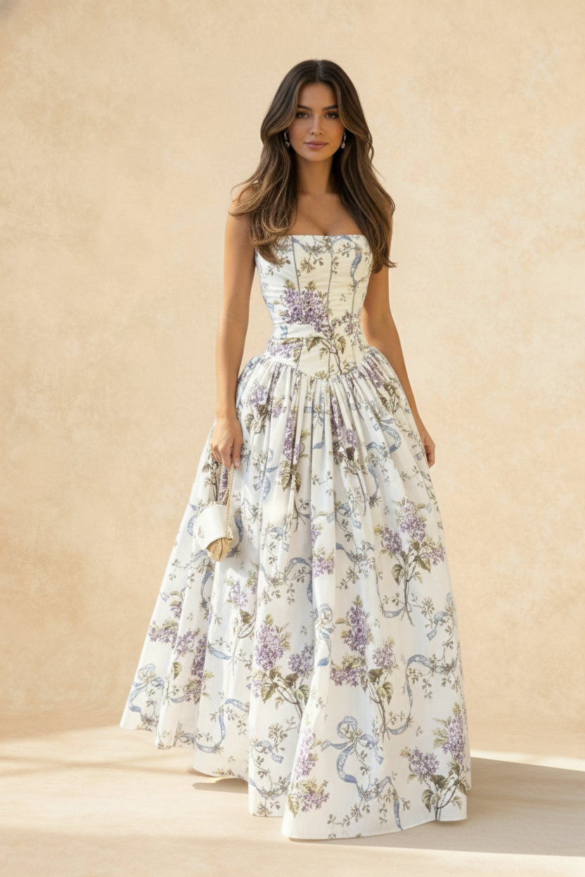 Rayon Printed Strap Pleated Chic Maxi Dress Main image