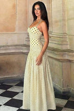 Retro Polka Dot Patchwork Halter Ruched Maxi Dress