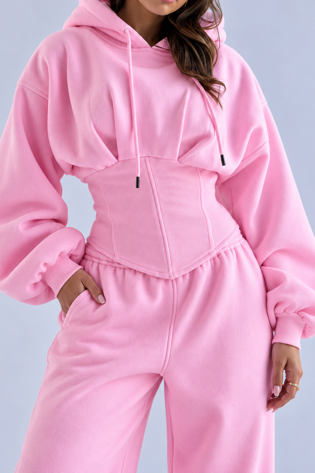 Corset Waist Zip Front Wide Leg Hoodie Two Piece Set