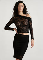 Skew Collar Lace Crop Sheer Top