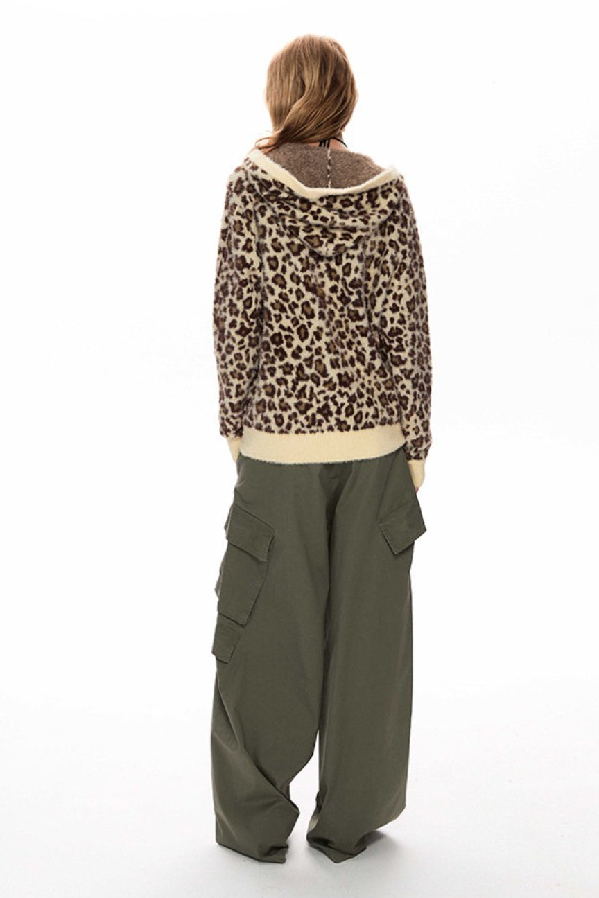 Leopard Knit Zip Up Oversized Hoodie