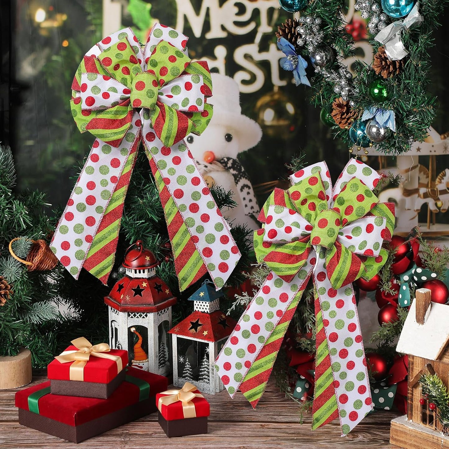 Red Green Christmas Wreath Bows - Xmas Tree Topper Bow (Set of 2)