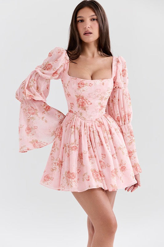 Rose Print Long Sleeve A-Line Floral Dress Main image