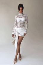 Lace Panel High Neck Draped Asymmetric Mini Dress