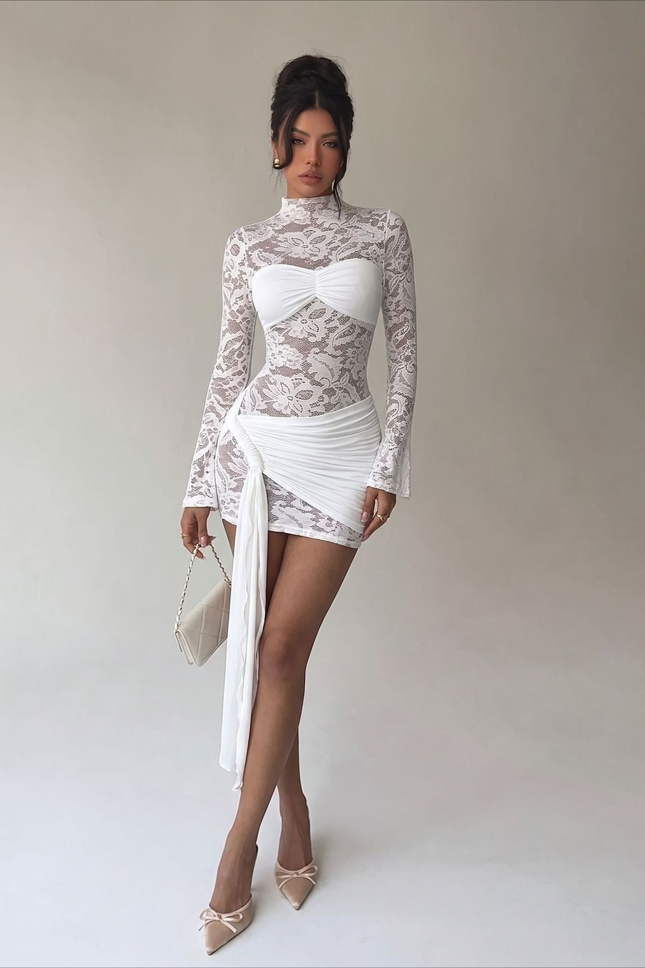 Lace Panel High Neck Draped Asymmetric Mini Dress