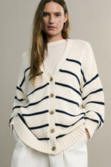 Cotton Stripe V Neck Cardigan