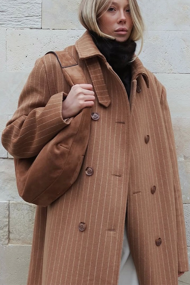 Vintage Pinstripe Notch Collar Long Wool Overcoat Secondary image