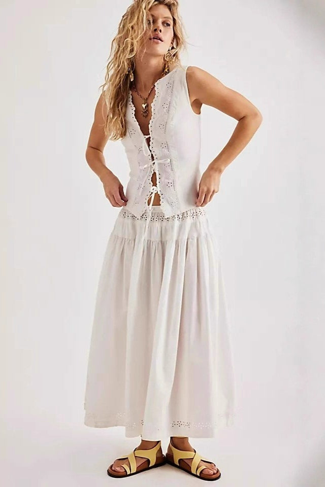 Cutout Lace Patchwork Boho Skirt Set