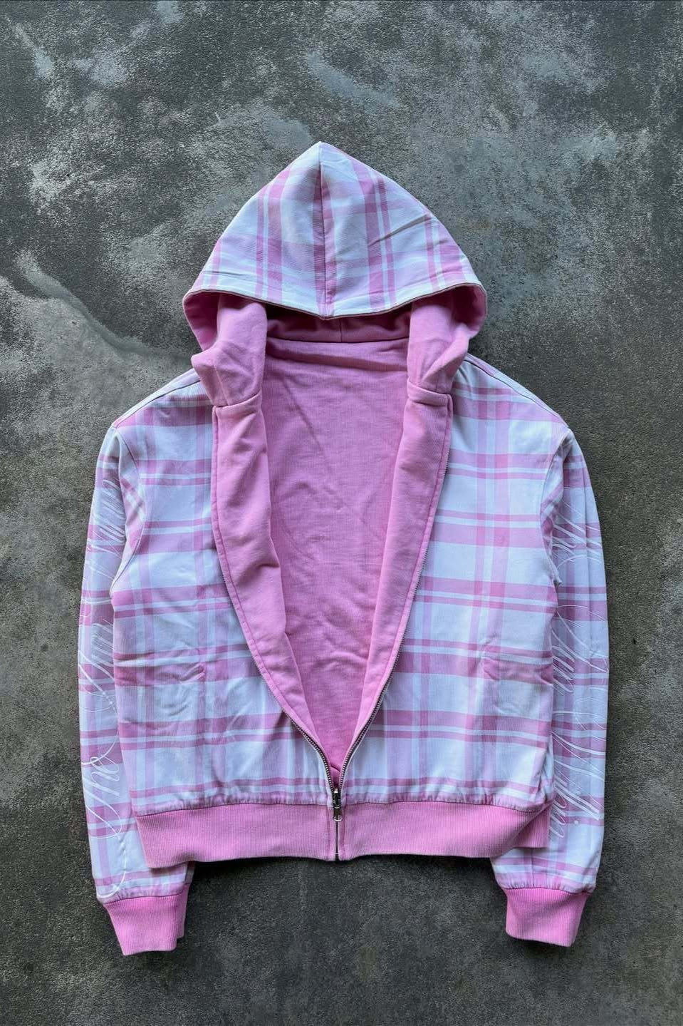 Reversible Plaid Lined Pink Full Zip Hoodie