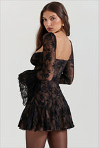 Lace Square Neck Bell Sleeve Corset Mini Dress