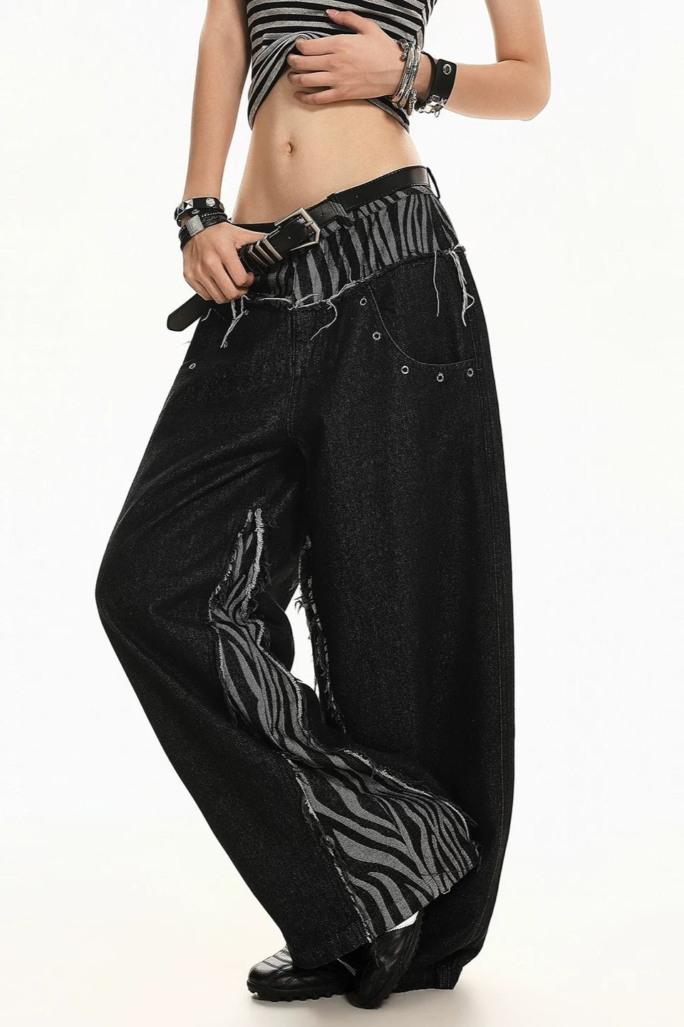 Zebra Panel Double Waist Wide Leg Jeans