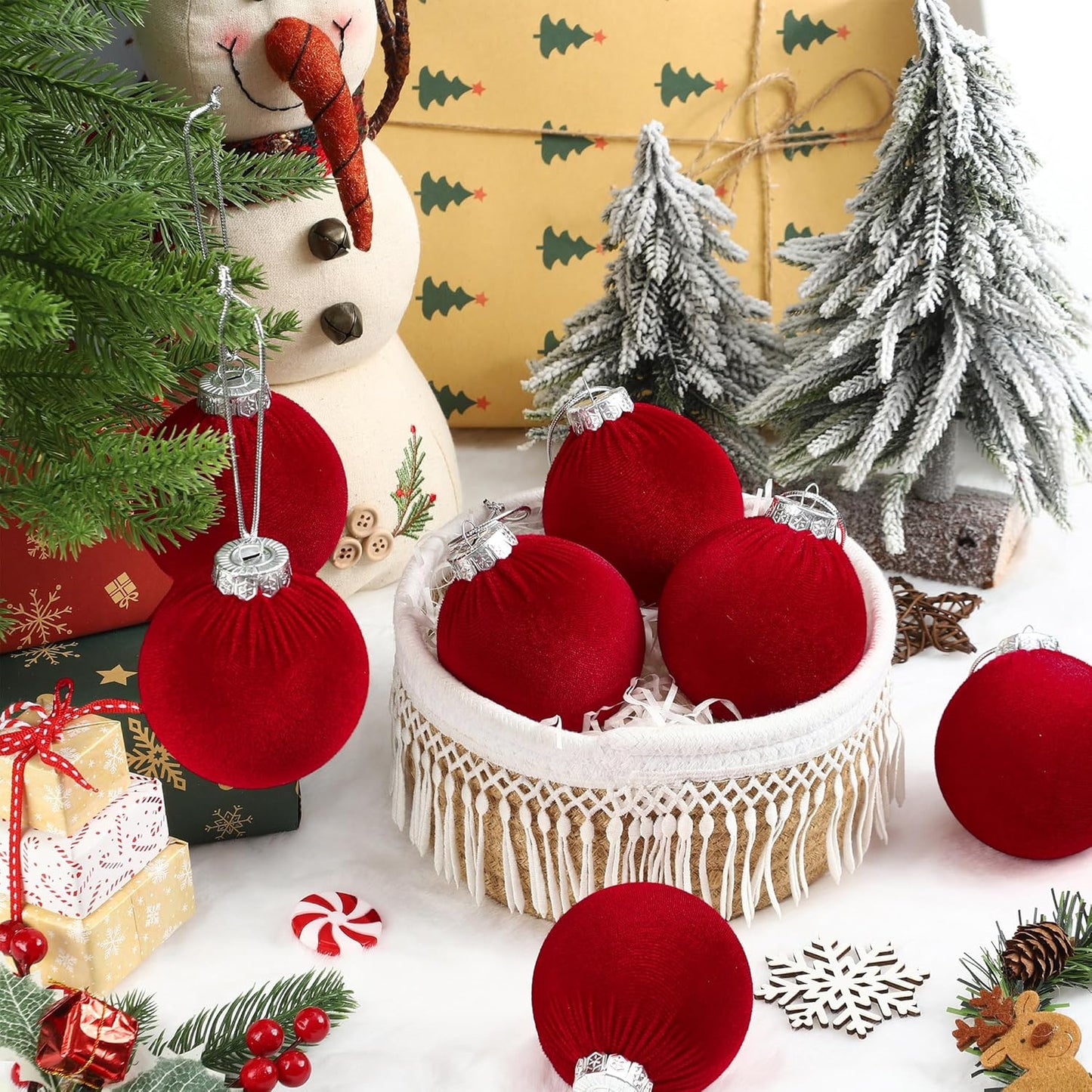 Red Velvet Christmas Ball Ornament Set - Flocked Hanging Balls for Tree - Shatterproof Plastic Holiday Decor