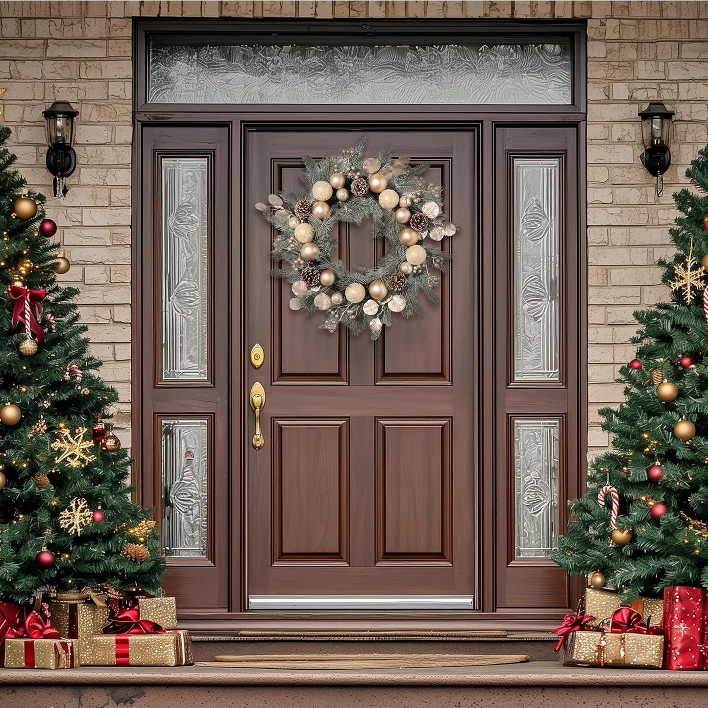 Pre-Lit Christmas Wreath with Lights and Champagne Gold Xmas Balls - 20 Inch