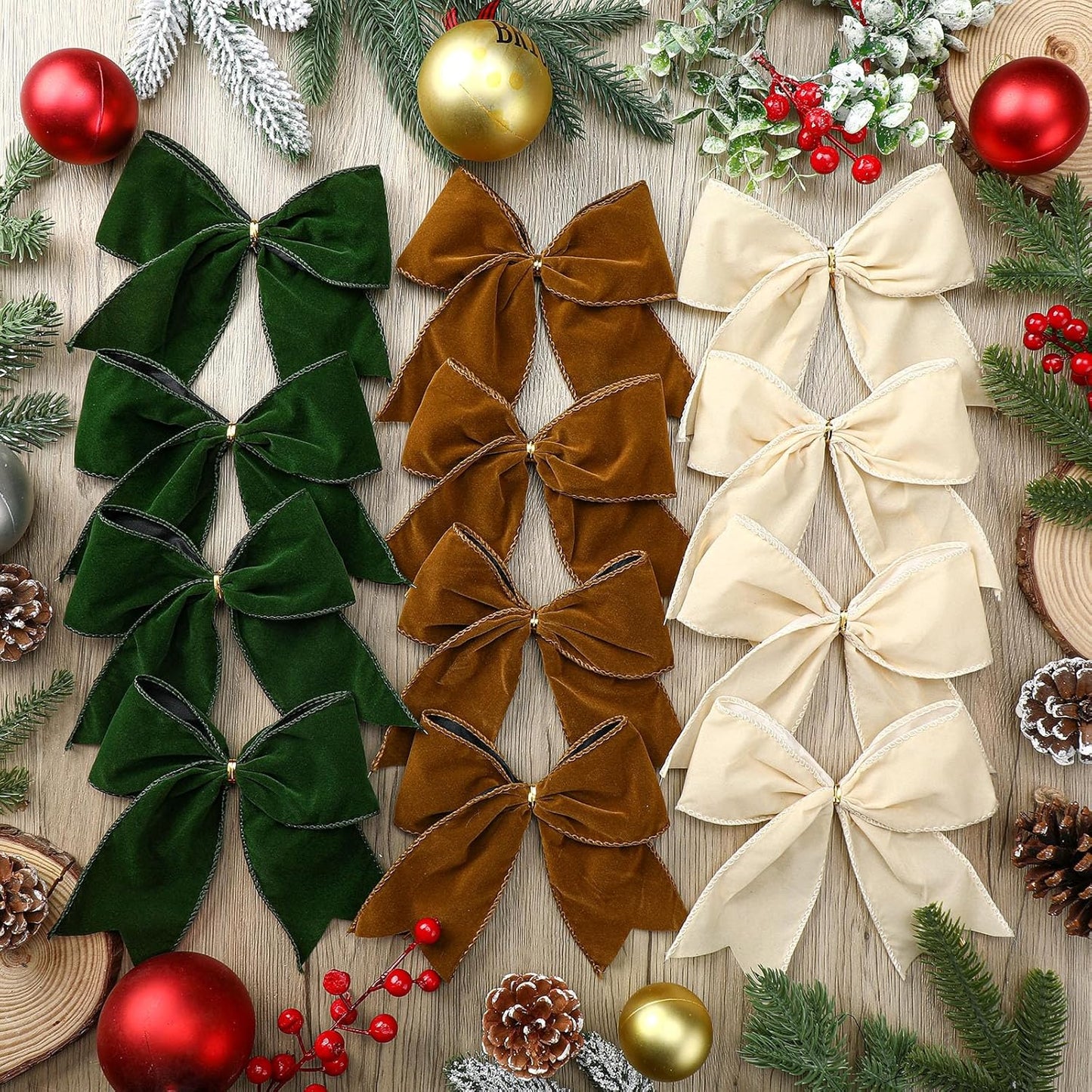 Christmas Velvet Bows - Milky White/Brown/Green (12 Pcs)