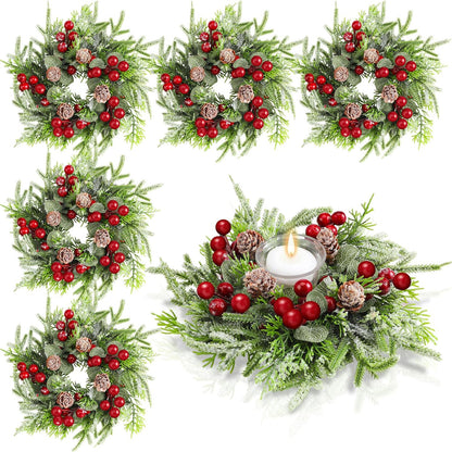 Christmas Candle Rings Wreath Norfolk Pine Garland Red Berry Pinecones Artificial Berries Snowy Pine Garland Candle Ring Holder - Set of 4