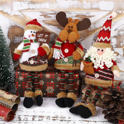 Christmas Sitting Santa Snowman Reindeer Doll Long Legs Ornament Set - Pack of 3