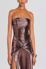 Chic Metallic Ruched Split Strapless Formal Dress