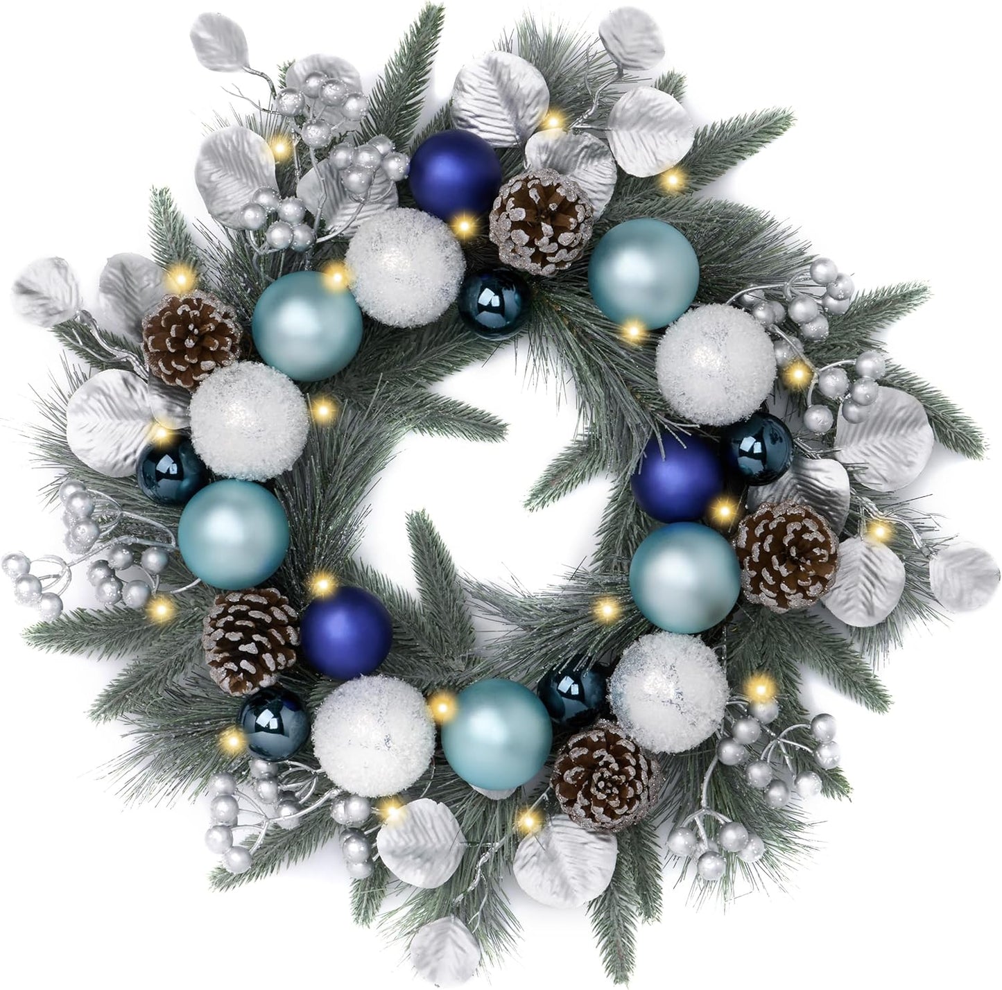 Pre-Lit Christmas Wreath with Lights and Champagne Gold Xmas Balls - 20 Inch