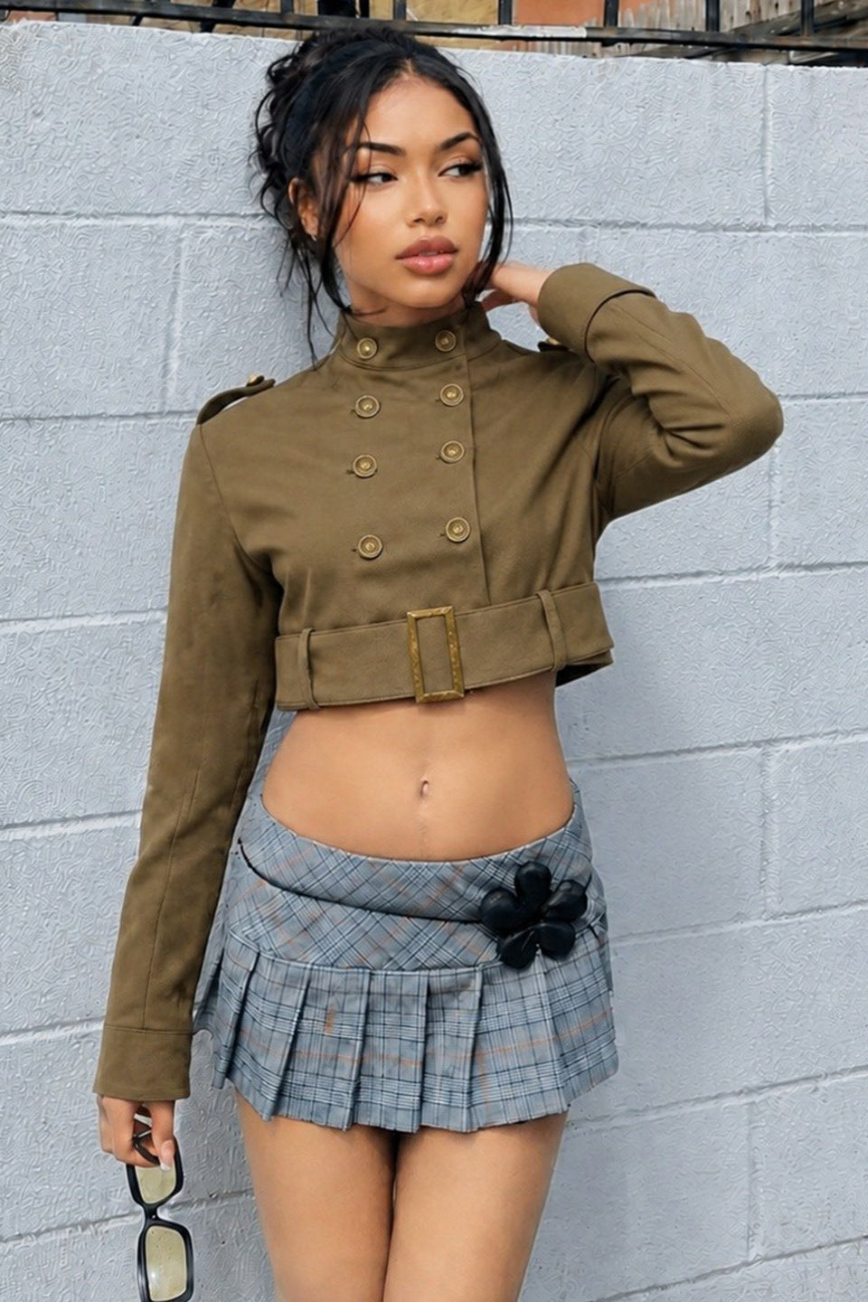 Double Breasted Belted Cropped Military Jacket